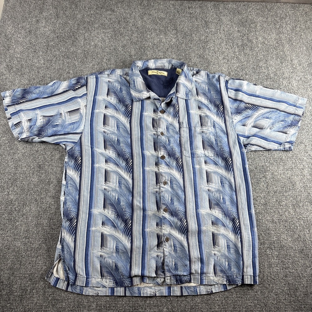Vintage Tommy Bahama 100% Silk Camp Shirt XL Blue White Vertical Stripe Palm